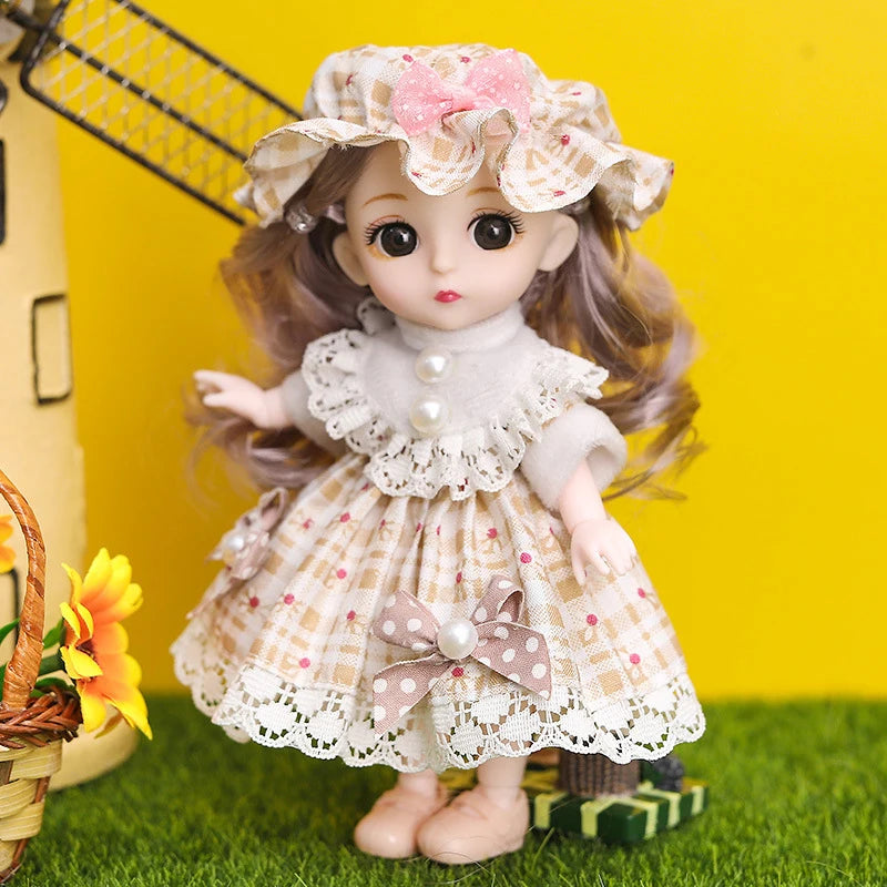 16cm Articulated Fashion Doll with Big Eyes and Dress-Up Outfit