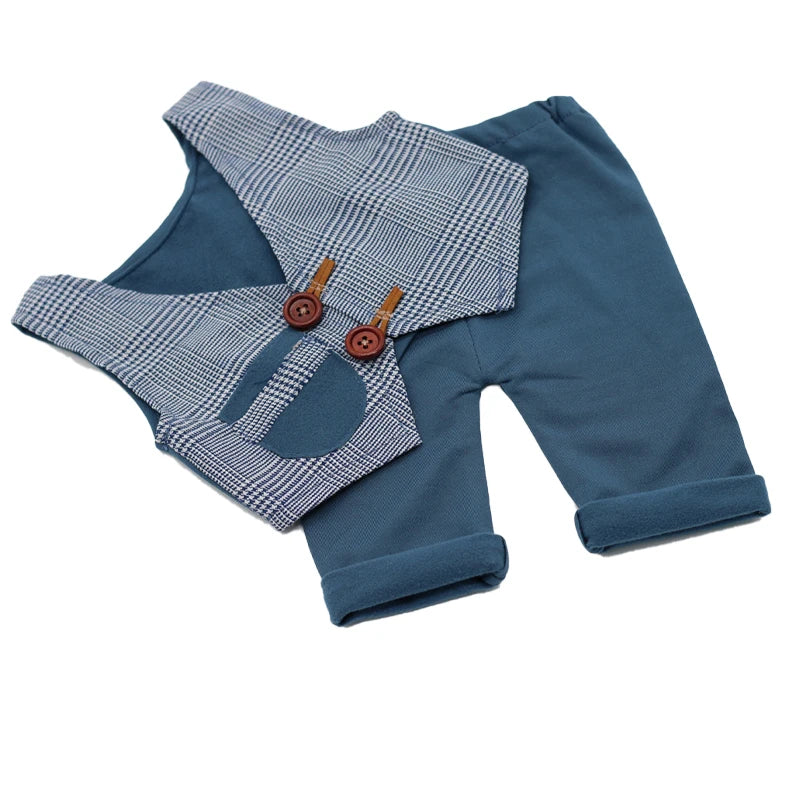 A newborn photography outfit set featuring a blue plaid vest and matching pants.