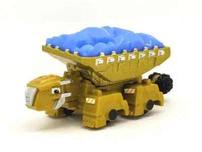 A yellow die-cast dinosaur truck toy with a blue removable dinosaur figure on its roof.