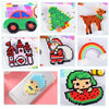 A collection of colorful fuse beads used for creating 3D puzzles and crafts, including a dinosaur, a Christmas figure, a cast