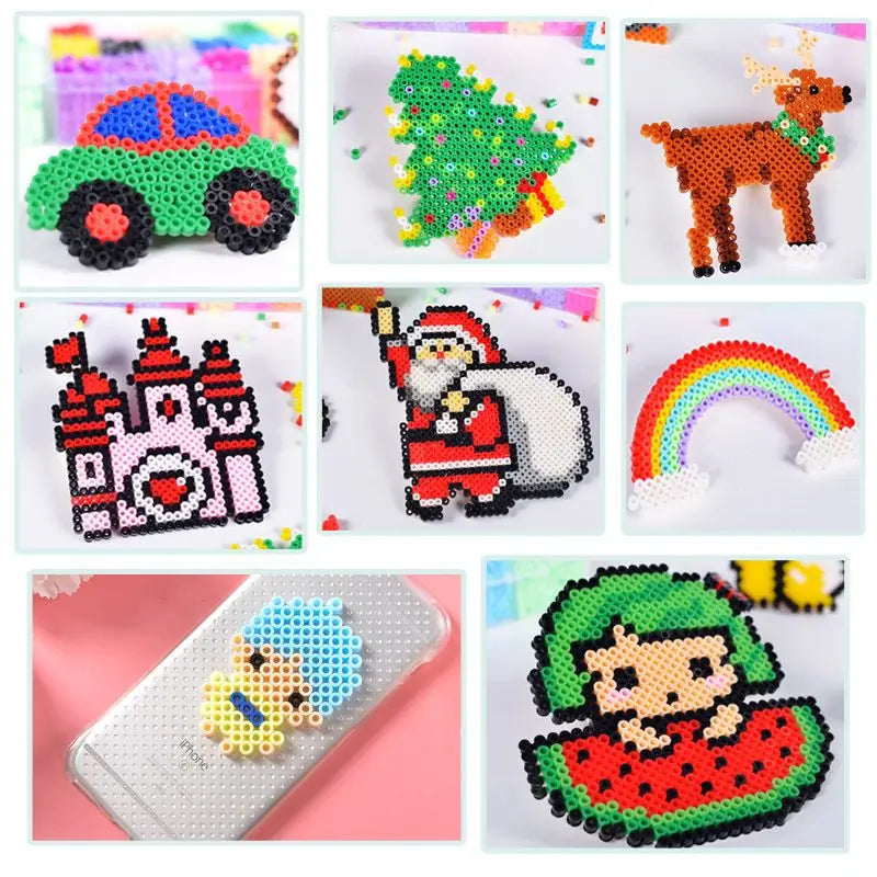A collection of colorful fuse beads used for creating 3D puzzles and crafts, including a dinosaur, a Christmas figure, a cast