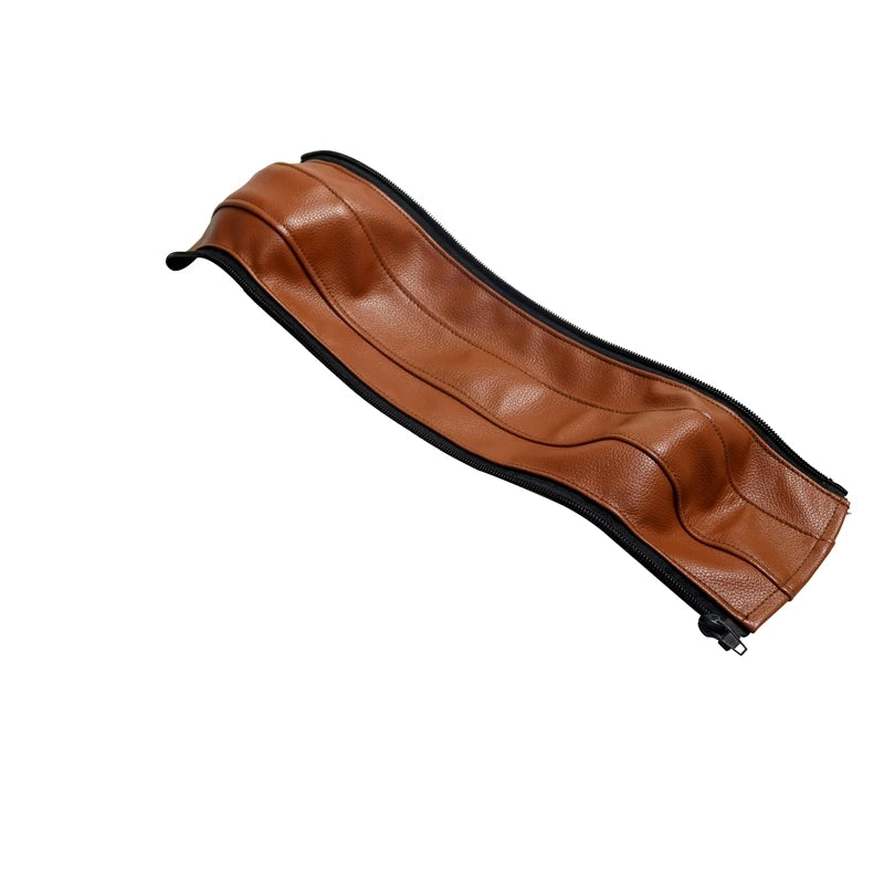 Brown leather handle cover for a stroller, designed to provide a protective and comfortable grip.