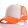 A white trucker hat with an orange mesh back and orange brim, shown against a white background.