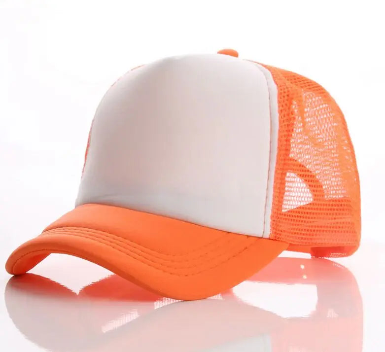 A white trucker hat with an orange mesh back and orange brim, shown against a white background.