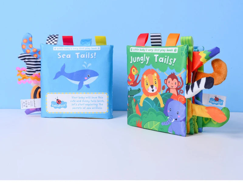 Two colorful cloth books featuring sea and jungle animal tails for baby sensory development