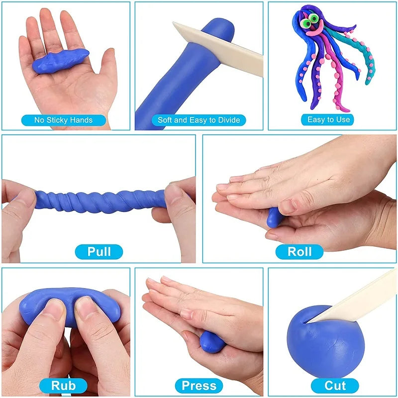 A set of blue polymer clay tools including a mold, rolling tool, and cutting tool for sculpting and baking