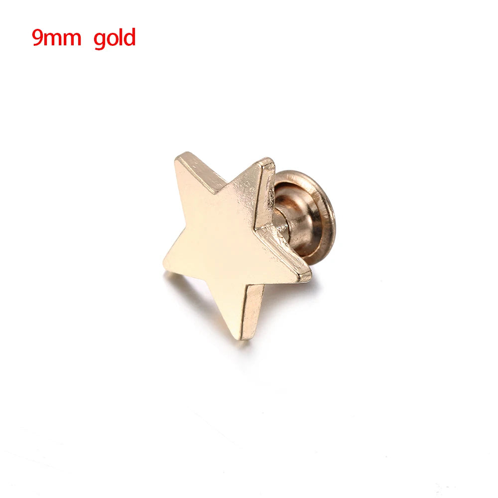 A single 9mm gold star-shaped brass rivet used for leather craft and DIY projects.