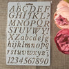 A white stencil sheet showing uppercase and lowercase letters and numbers for crafting