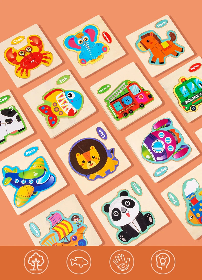 Wooden 3D Cartoon Animal Jigsaw Puzzle for Kids