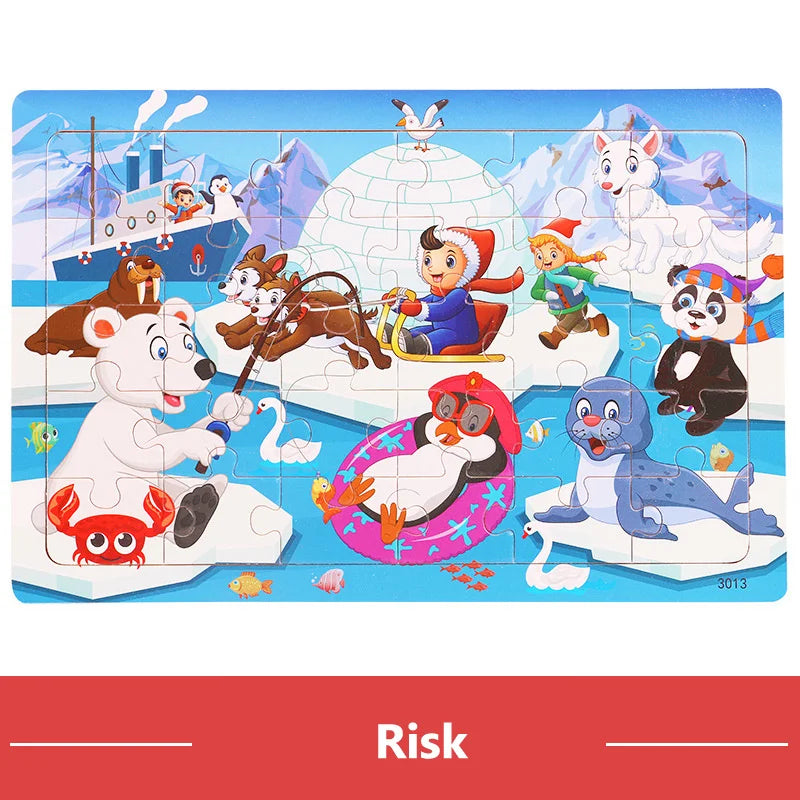 A wooden jigsaw puzzle featuring various cartoon animals like a bear, fox, and penguins set against a snowy background.