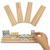 A hand holds a wooden domino rack set of four tiles used for Mexican Train and Chickenfoot games.