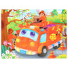 A wooden jigsaw puzzle depicting a cartoon scene with a child in an orange vehicle and a white animal.