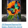 A close-up of a vibrant orange and yellow flower painted with sparkling rhinestones on a canvas.