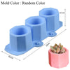 A light blue silicone mold with a cylindrical shape is shown next to a pink planter.