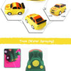 Set of three cartoon soft rubber bath toys featuring a yellow car and two green train vehicles for water spraying
