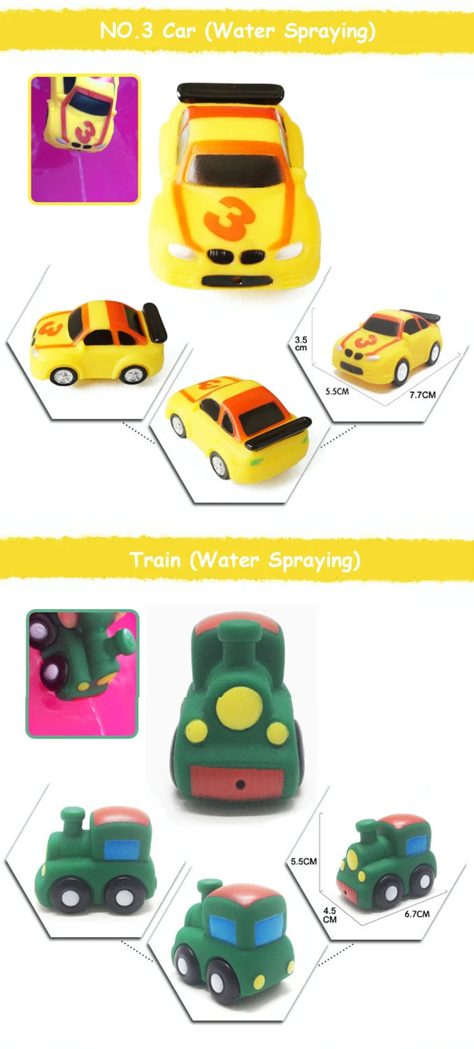 Set of three cartoon soft rubber bath toys featuring a yellow car and two green train vehicles for water spraying
