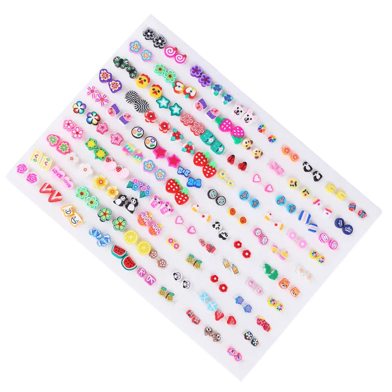A collection of 100 pairs of assorted acrylic stud earrings featuring hearts, stars, moons, and various colorful designs.