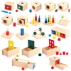 A set of wooden Montessori sensory toys including blocks, stacking cubes, and various colored wooden shapes for toddlers.