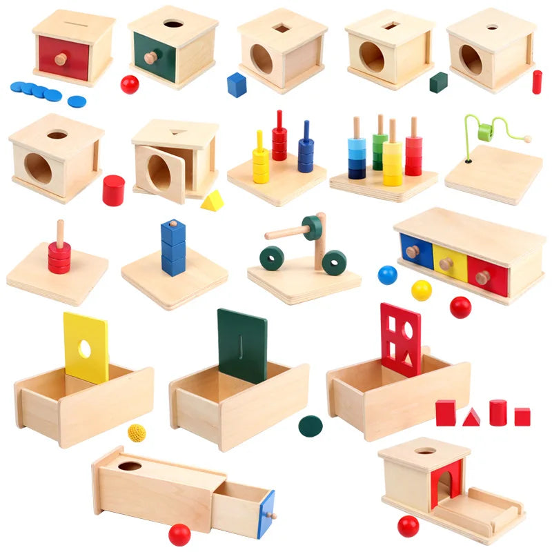 A set of wooden Montessori sensory toys including blocks, stacking cubes, and various colored wooden shapes for toddlers.