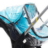 A blue and black stroller accessory kit featuring a mosquito net and rain cover attached to the stroller frame.