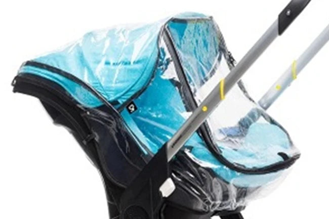 A blue and black stroller accessory kit featuring a mosquito net and rain cover attached to the stroller frame.