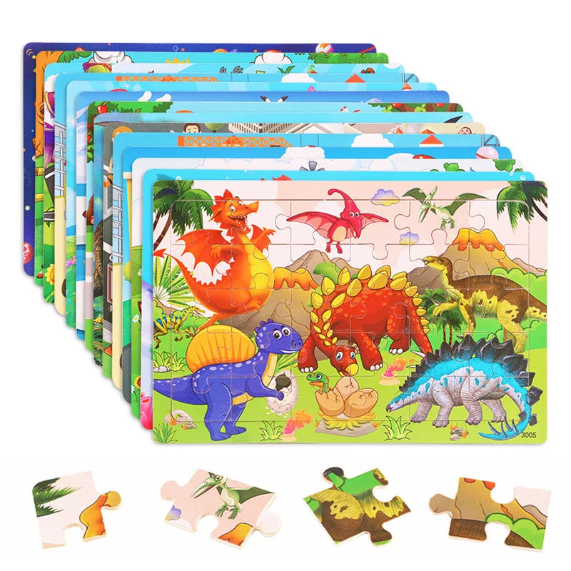 A stack of thirty wooden cartoon animal jigsaw puzzles for kids featuring various colorful animals.