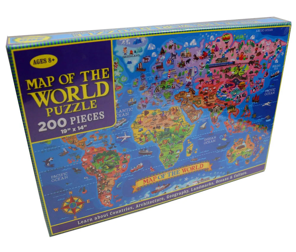A box of a 200-piece map puzzle titled Map of the World featuring various continents and landmarks.