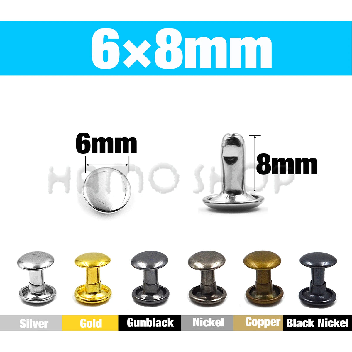 A set of metal double cap rivets in various finishes including silver, gold, gunblack, nickel, copper, and black nickel.