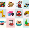 A grid of pixel art images featuring various characters and objects made from colorful beads for 3D puzzles and crafts.