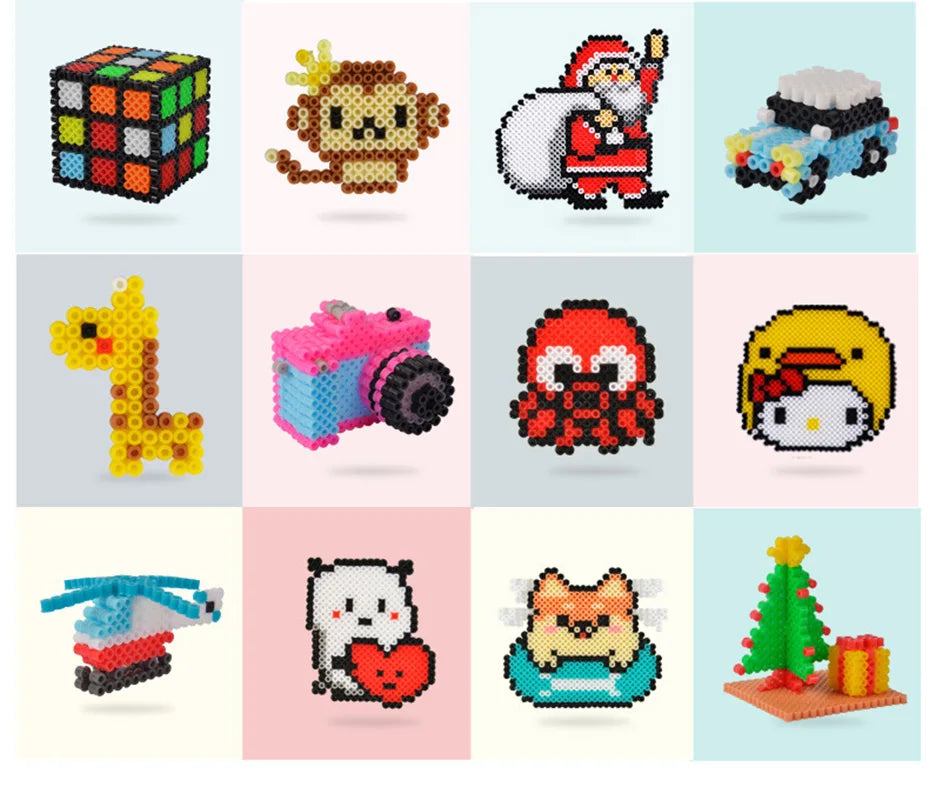 A grid of pixel art images featuring various characters and objects made from colorful beads for 3D puzzles and crafts.