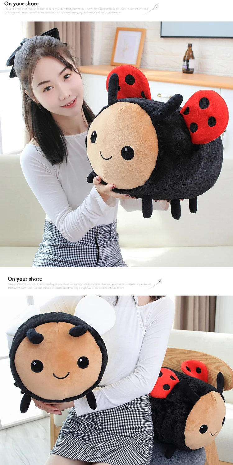 A young woman holds a black and orange bee ladybug plush toy against her white shirt and plaid skirt.