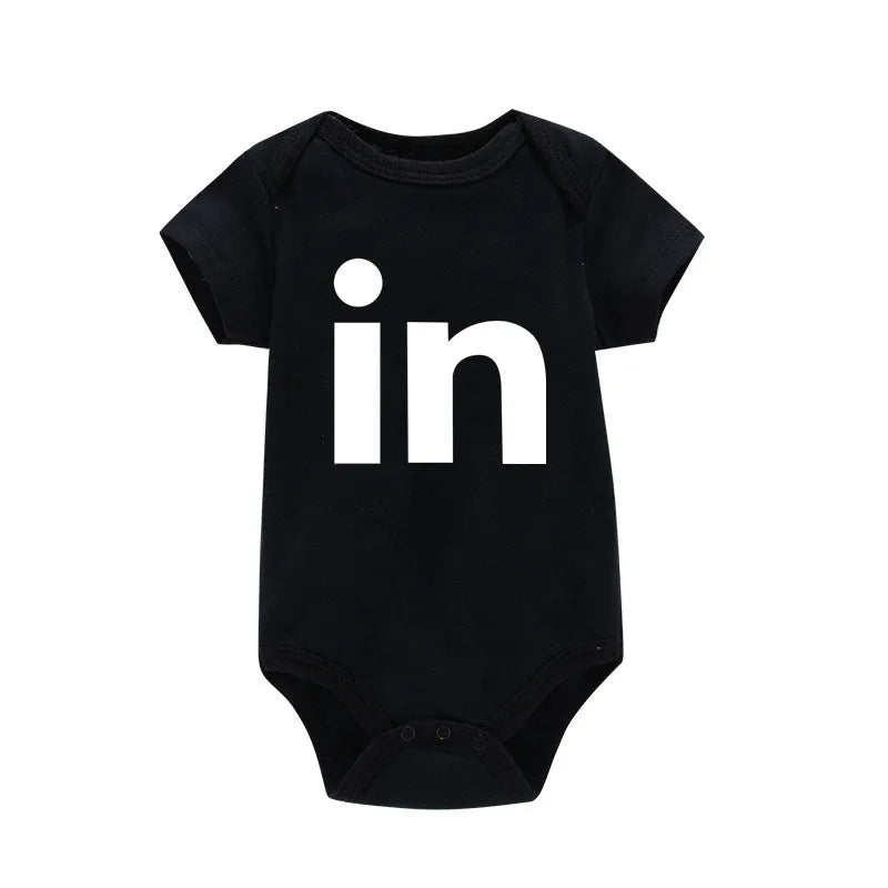 Black letter print cotton baby bodysuit featuring the lowercase 'in' logo.