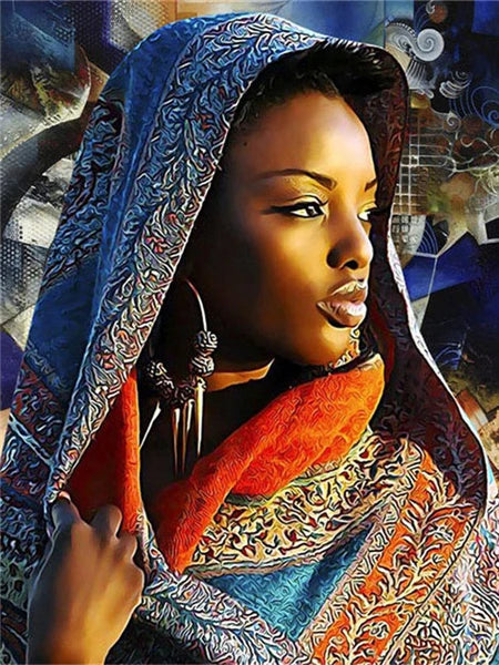 A close-up portrait of an African woman wearing a patterned headscarf and orange shawl, looking to the side.