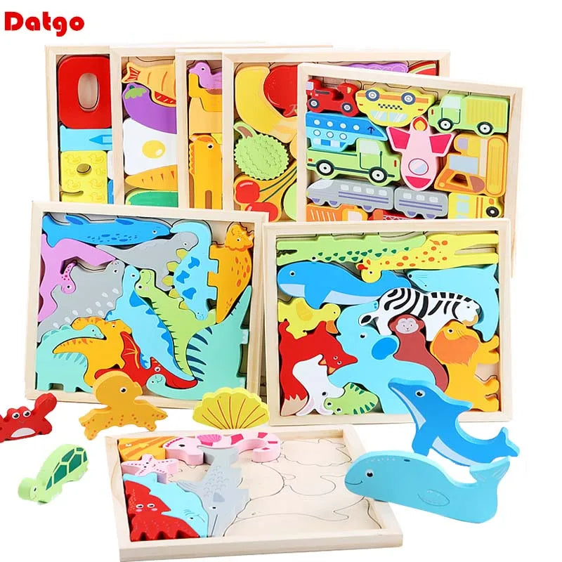 A wooden 3D puzzle board featuring various cartoon animals and fruits for toddlers.