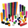 A collection of colorful plastic link cubes in various colors and sizes used for Montessori math and counting blocks.