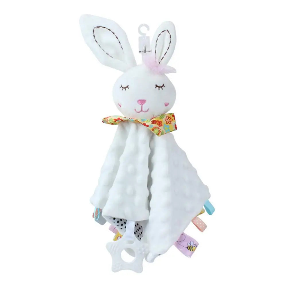 A white plush baby comforter security toy featuring bunny ears and a teether.