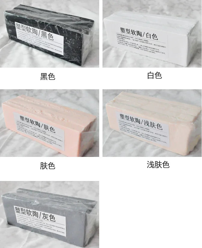 A collection of professional soft polymer clay in various colors including black, white, pink, and milky pink.