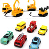 A collection of yellow and red line-following robot cars and a yellow excavator toy.
