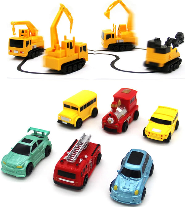 Autos robot seguidores de línea amarillos y rojos y una excavadora amarilla de juguete.