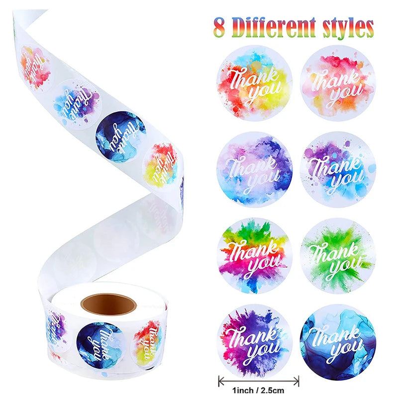 Roll of colorful round thank you stickers in various shades and styles for gifts and packaging