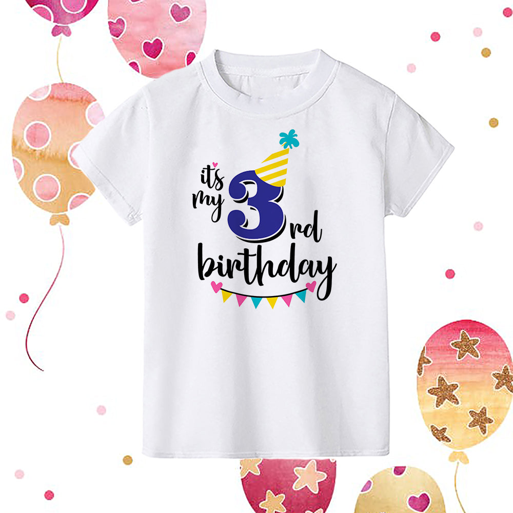 A white kids birthday number t-shirt featuring the text Its my 3rd birthday with colorful decorations.
