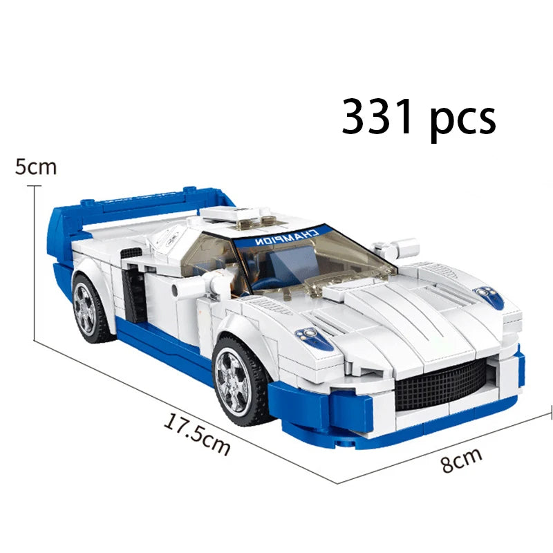 A white and blue classic rally car building block set with clear cockpit and wheels.