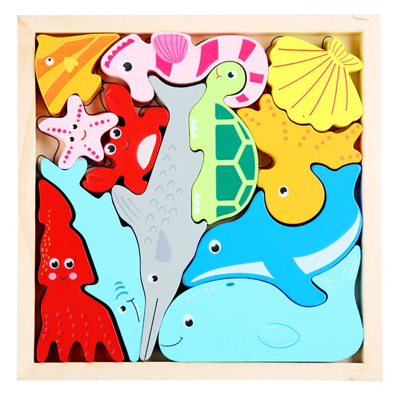 A wooden 3D puzzle board featuring colorful cartoon animals and fruit shapes for toddlers.