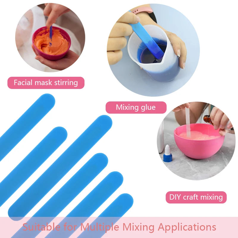 Reusable silicone stir sticks for mixing glue, paint, and resin in various craft applications