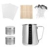 A complete candle making kit including a pouring pot, wooden wicks, and a metal fixator tool.