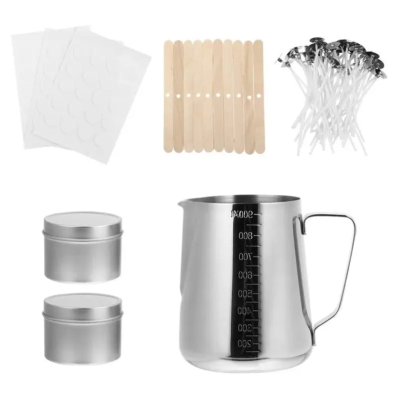 A complete candle making kit including a pouring pot, wooden wicks, and a metal fixator tool.