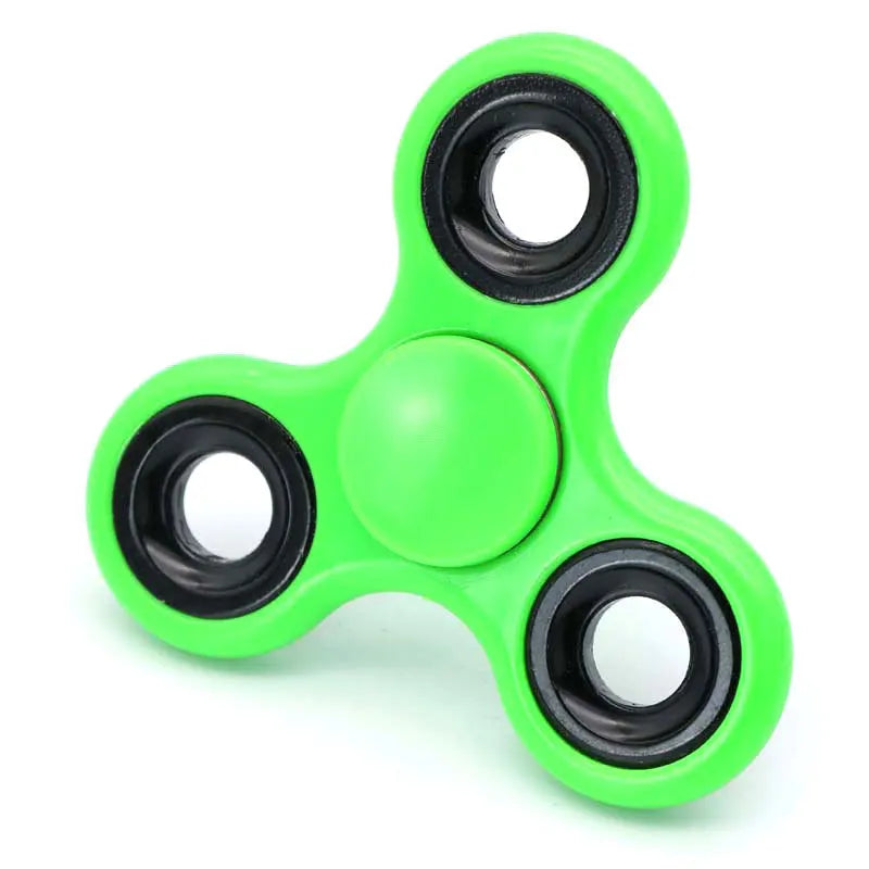 A bright lime green ABS tri-spinner fidget toy with a black center and surrounding rings.
