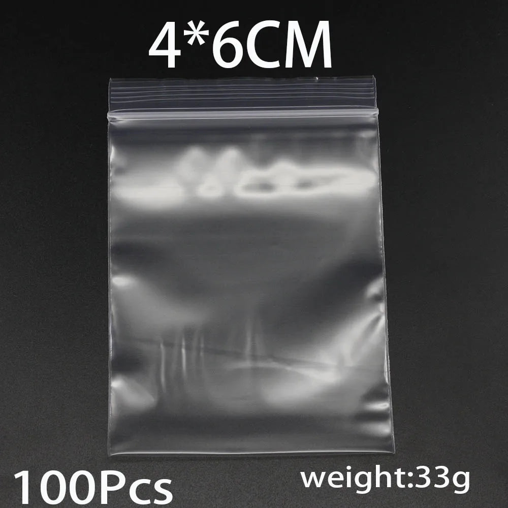 A package containing 100 clear resealable plastic bags measuring 4x6cm each, with a total weight of 33g.