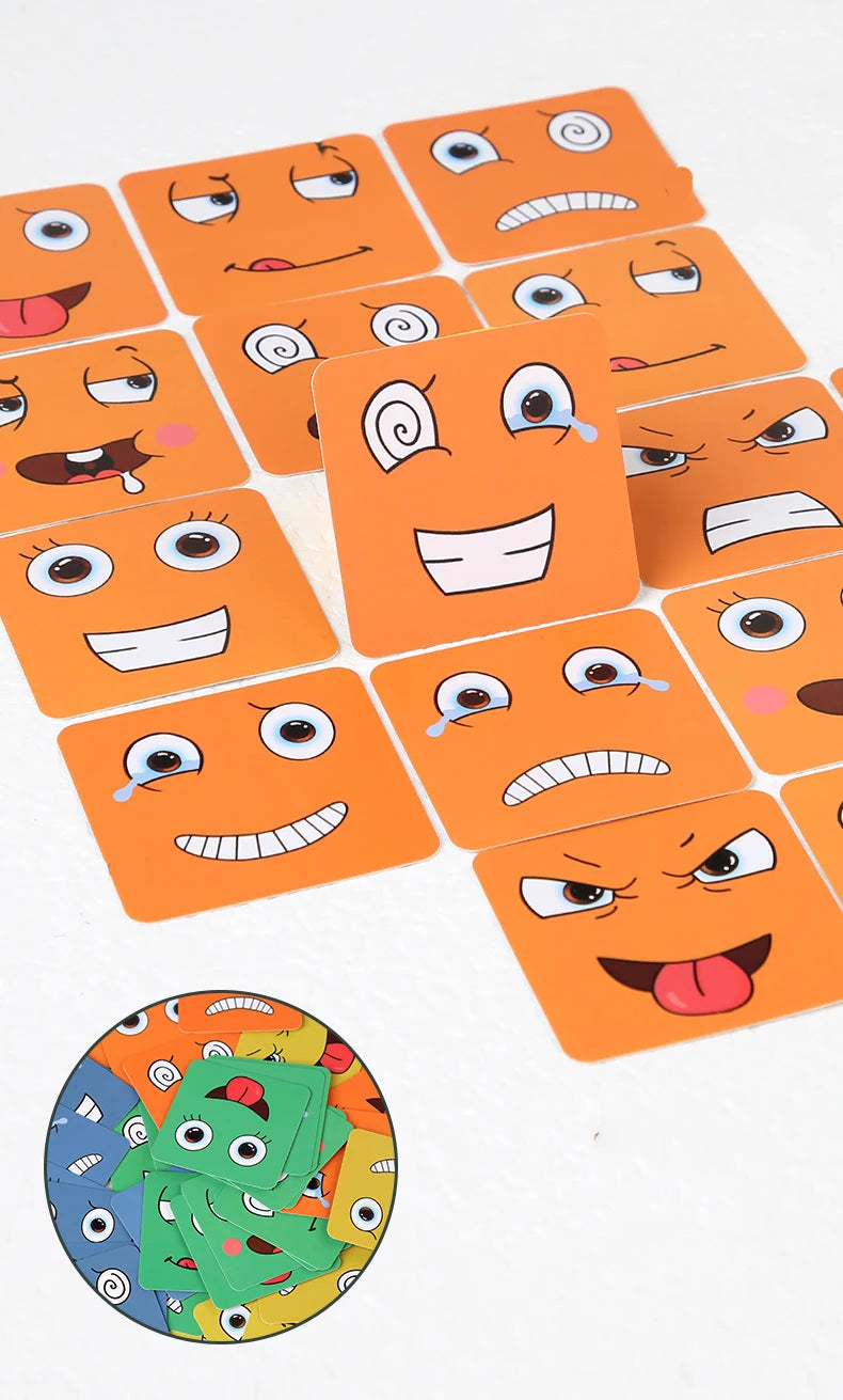 A collection of orange wooden face-changing puzzle blocks with various cartoon expressions.