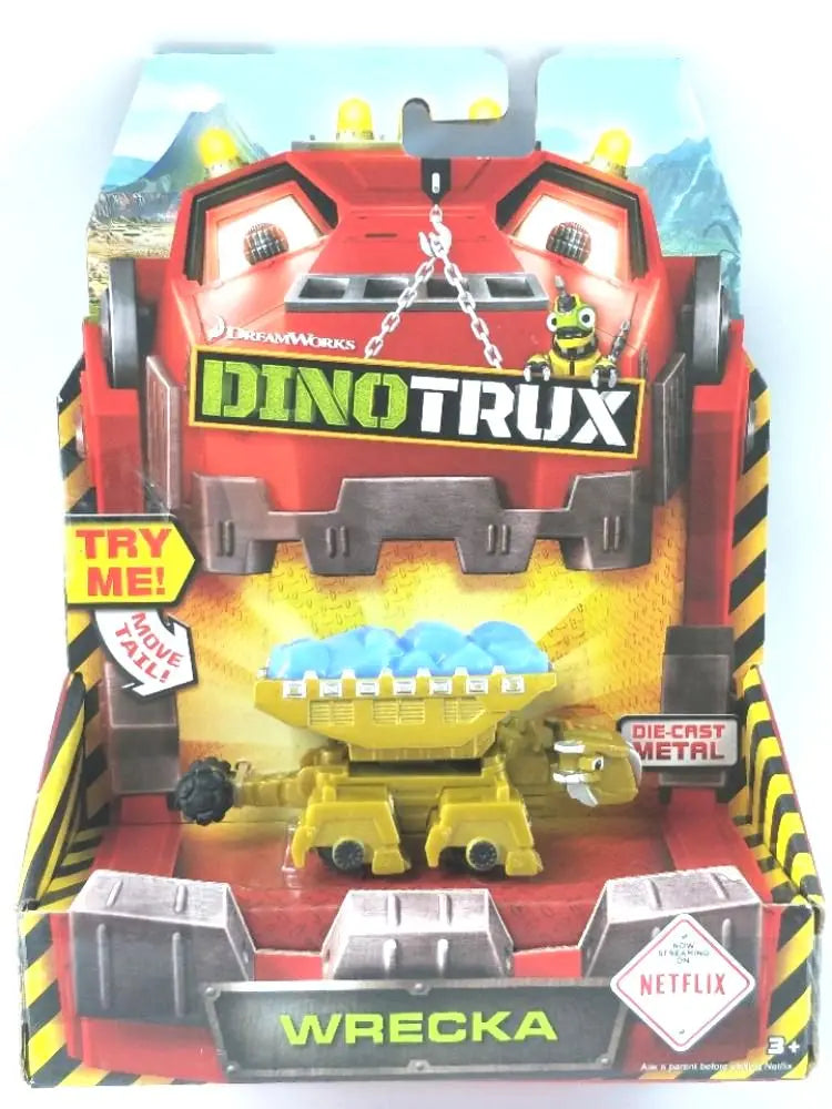A box of DinoTrux toy featuring a dinosaur truck and a yellow dinosaur figure.
